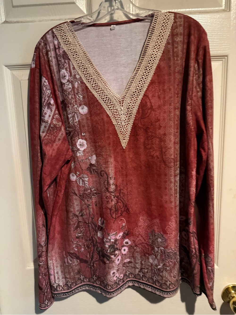Boho Floral V-Neck Long Sleeve Top in Rust with Crochet Trim